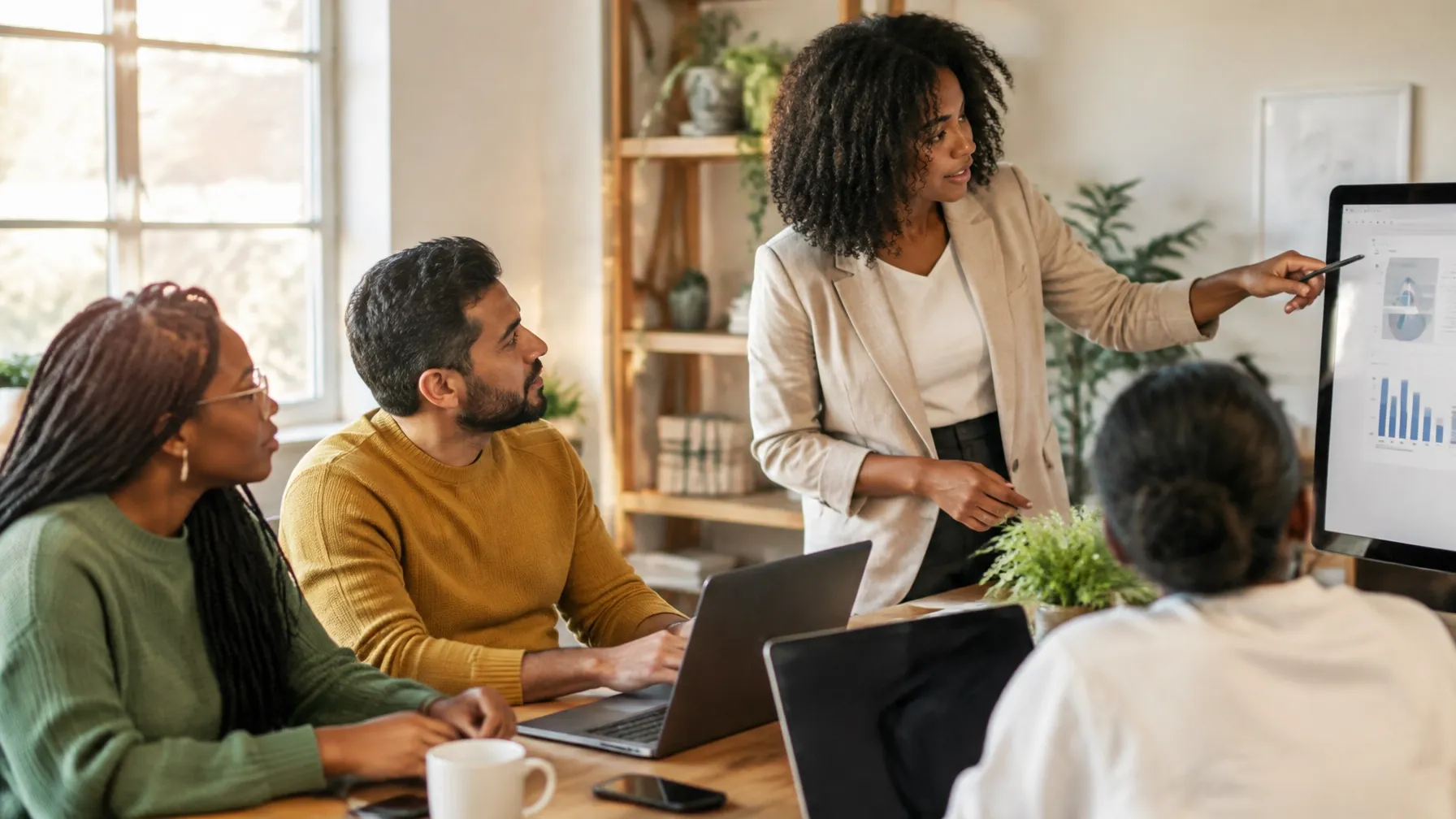A diverse team watching a trainer present at a screen in a small office
